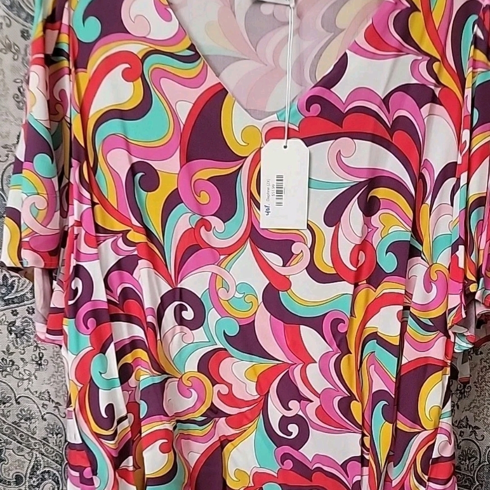 Emily Wonder Tunic Blouse 2XL Top Pink Purple White Yllw Green Abstract Flowy